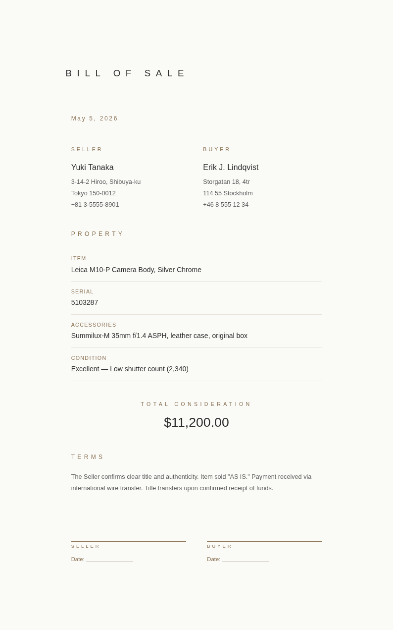 Japandi Minimalist Bill Of Sale